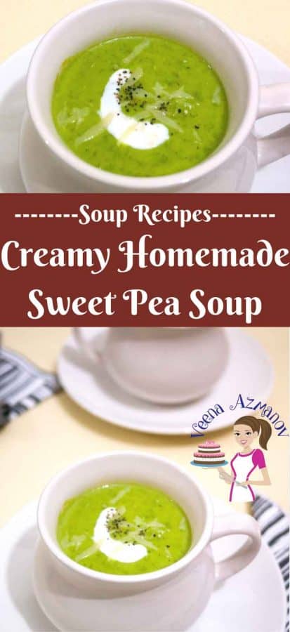 An image optimized for social media share for this healthy sweet pea soup recipe made in just 25 minutes.