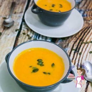 An image optimized for social media share for these simple and easy maple pumpkin soup recipe with a step by step video tutorial. A perfect fall soup that hearty and healthy