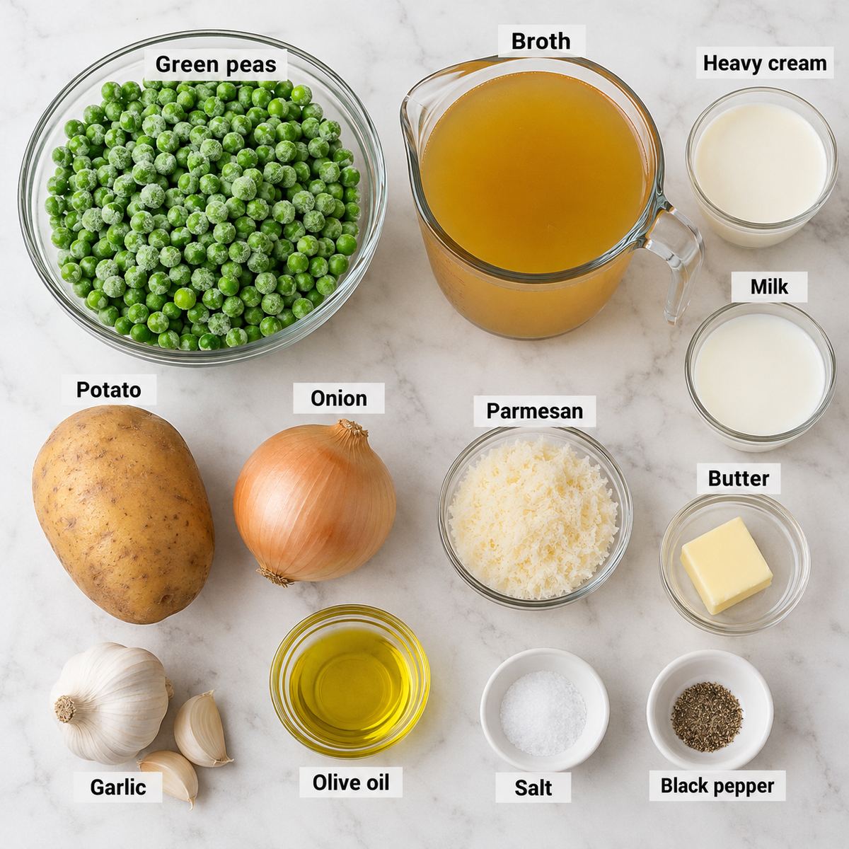 Ingredients for making green pea soup.