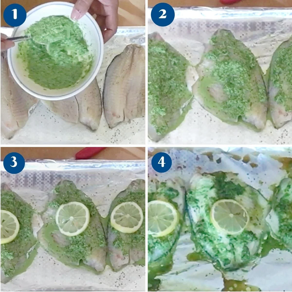 Progress pictures how to bake a fish fillet with cilantro.