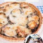 Pinterest image for quiche with grilled eggplant and caramelized onions.