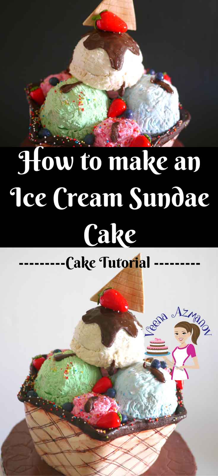 A cake decorated like a big ice cream sundae.