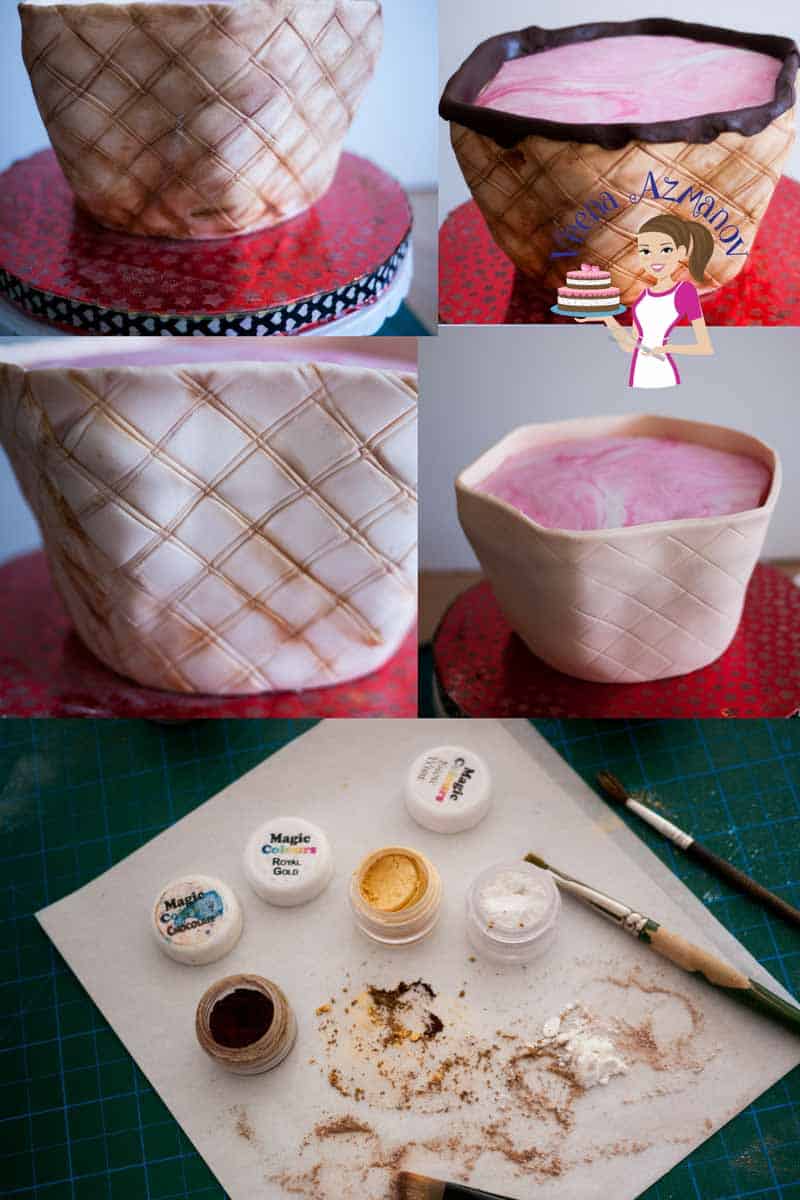A collage of progress photos of a cake decorated like a big ice cream sundae.