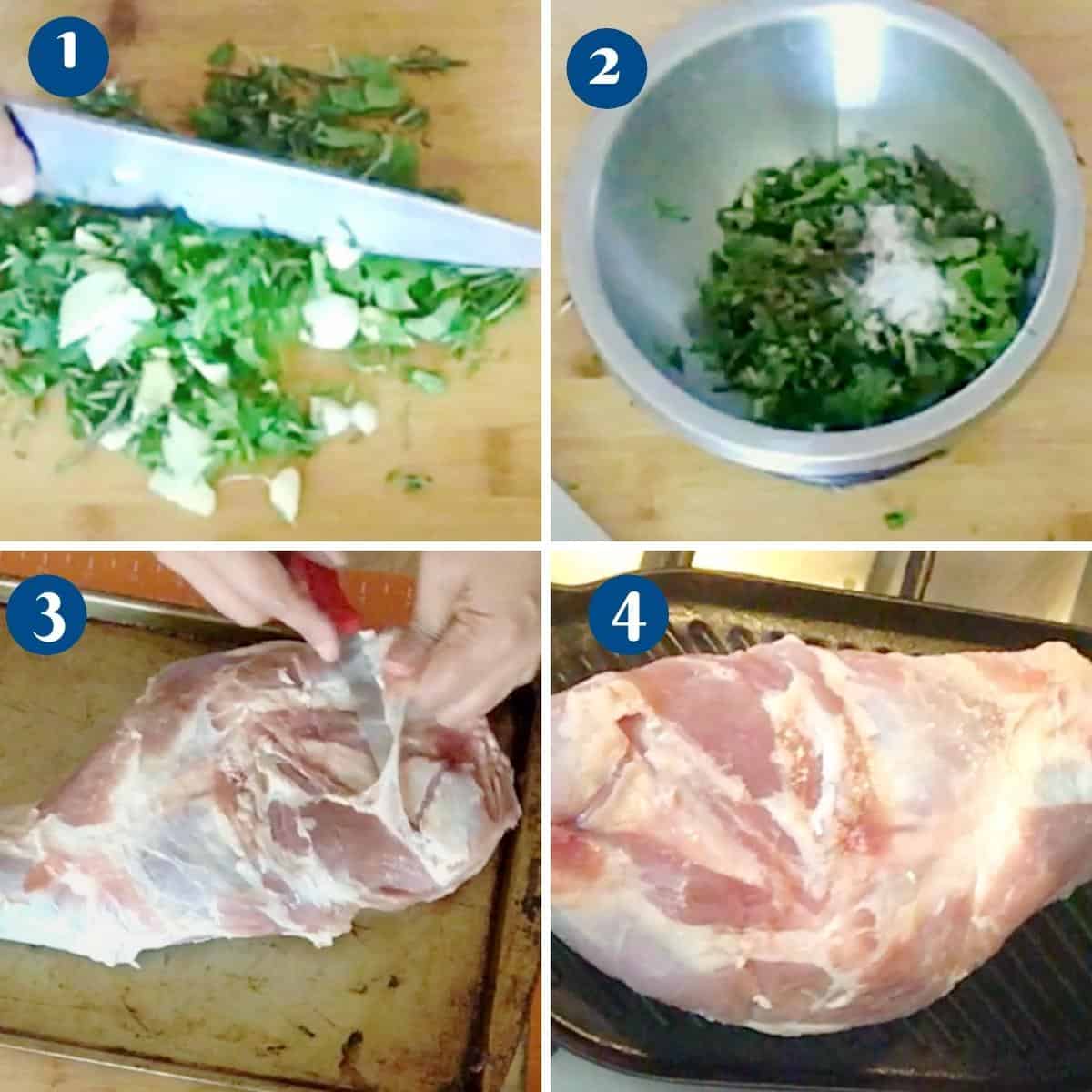 Progress pictures collage making marinade for lamb shoulder.