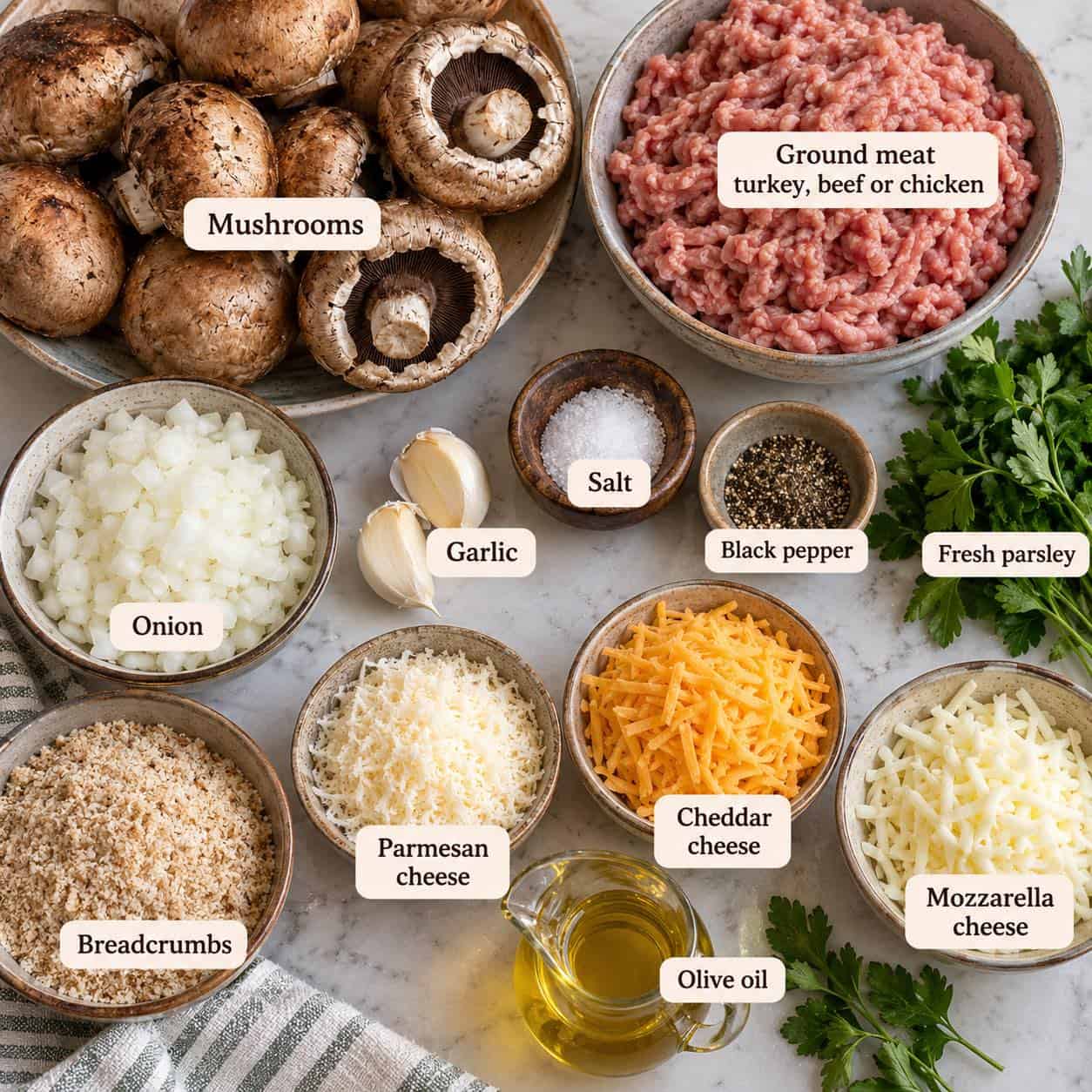 Ingredients for making Meat Stuffed Mushooms.
