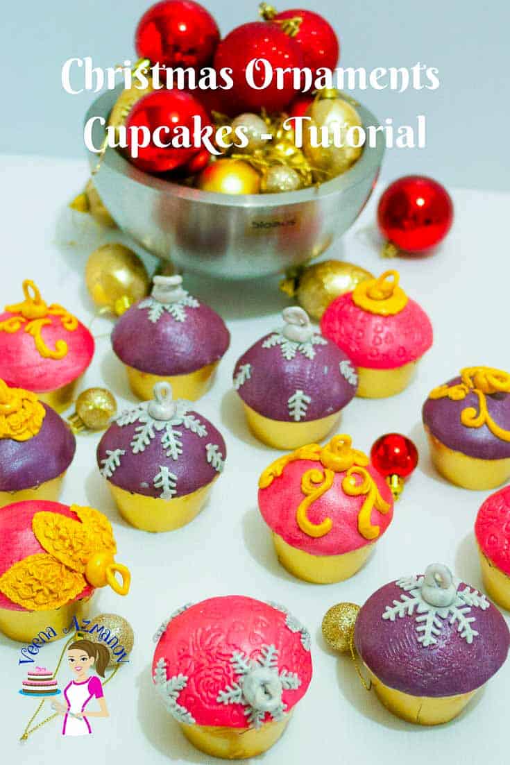 Cupcakes decorated like Christmas ornaments.