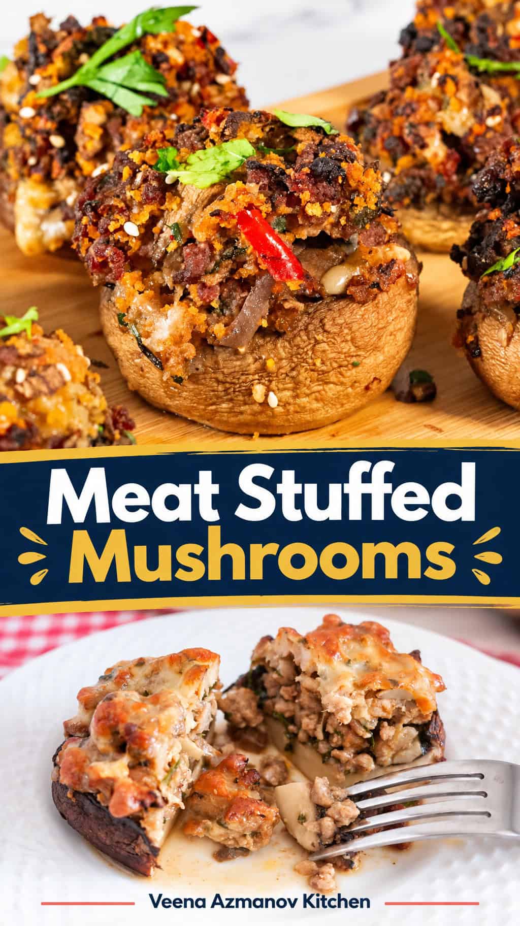 Pinterest image for Meat Stuffed Mushrooms.