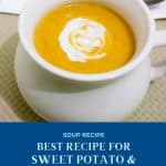 Pinterest image for soup with pumpkin and sweet potato.