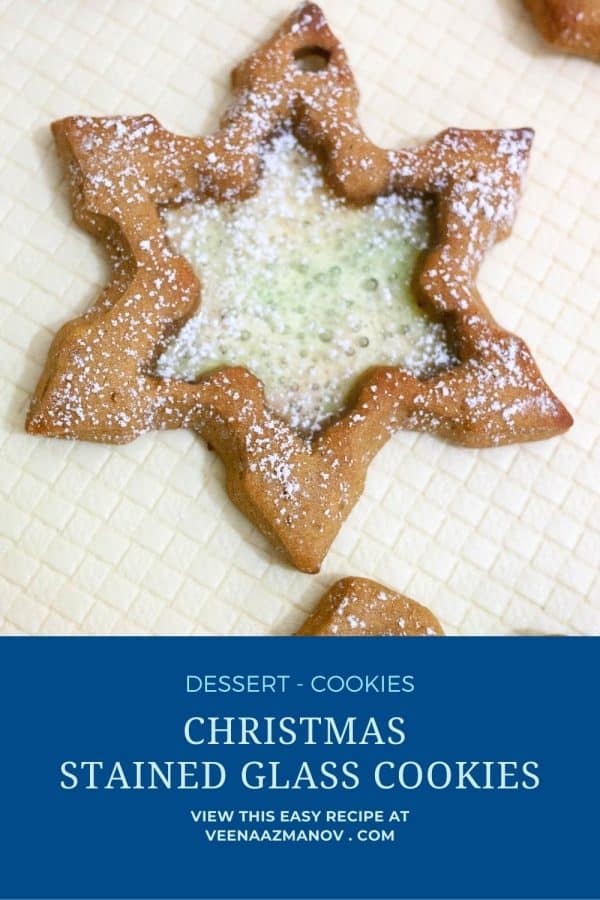 Pinterest image for snowflake stained glass cookies.