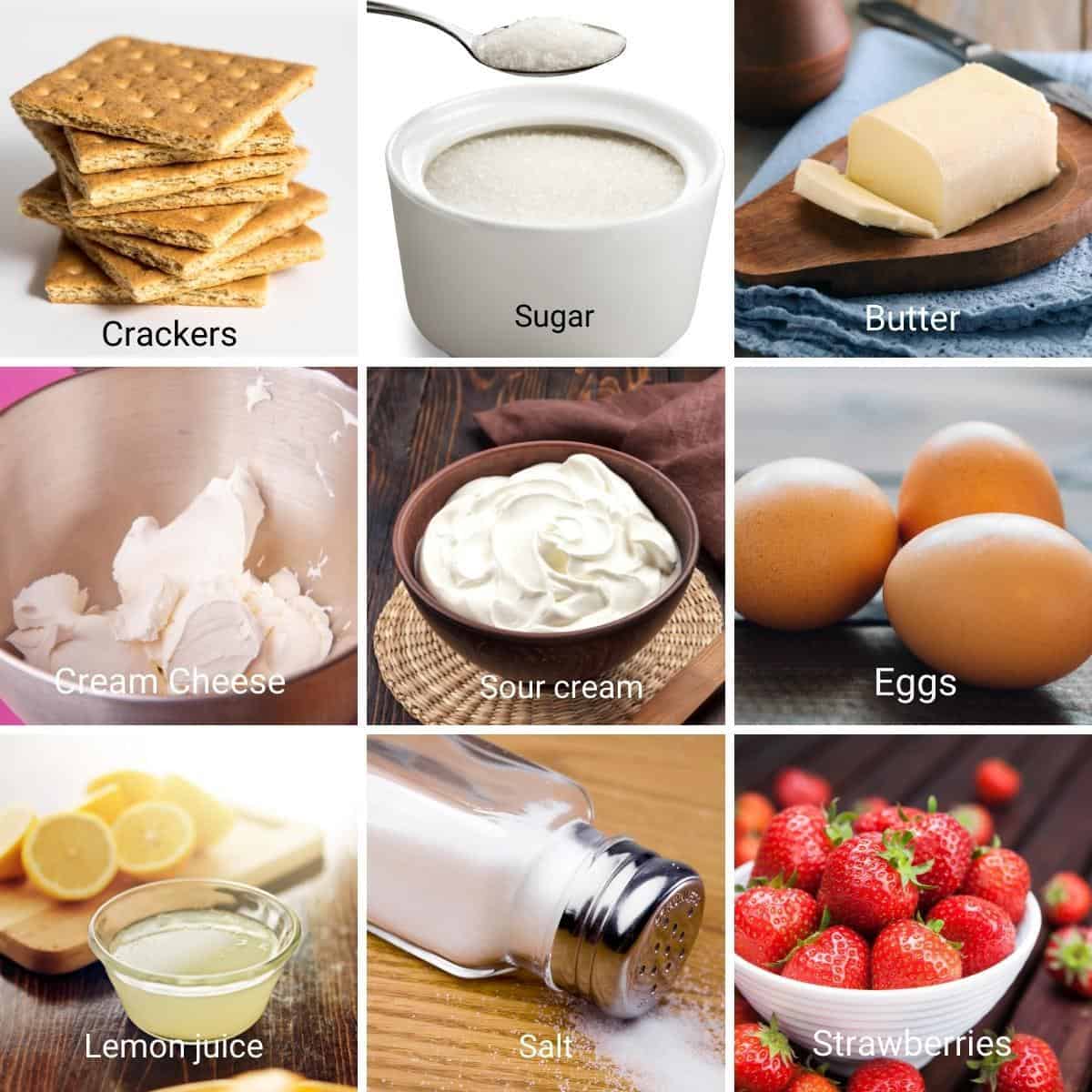 Ingredients shot collage for strawberry cheesecake.