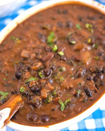 black beans coconut curry in a pan.