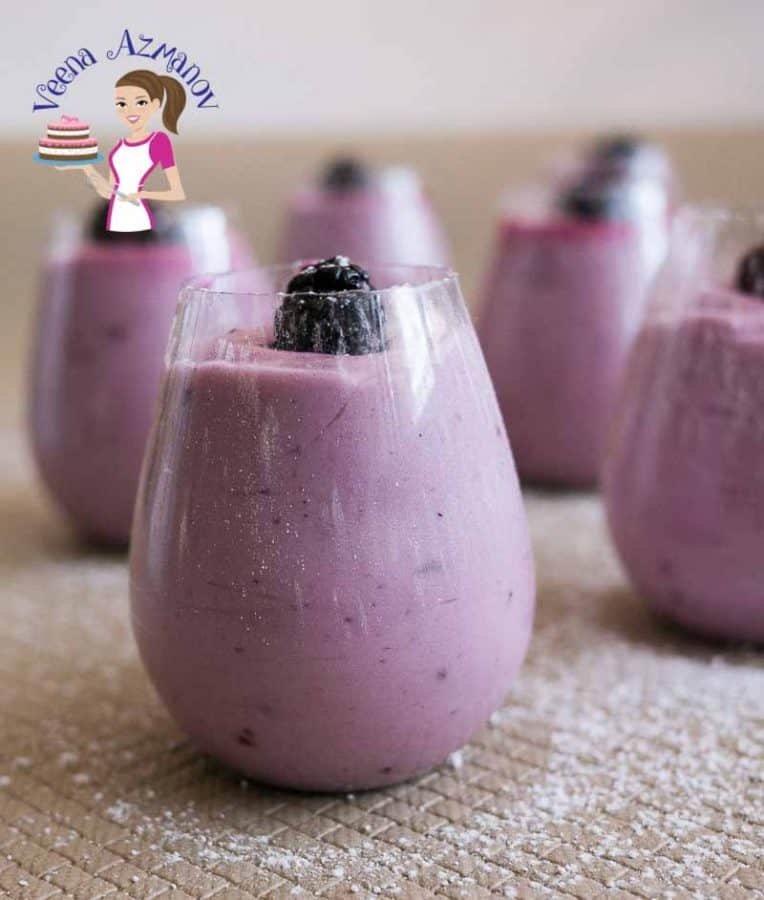 Blackberry mousse in a glass.