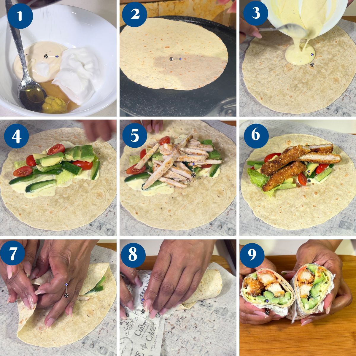 Progress pictures making chicken wrap.