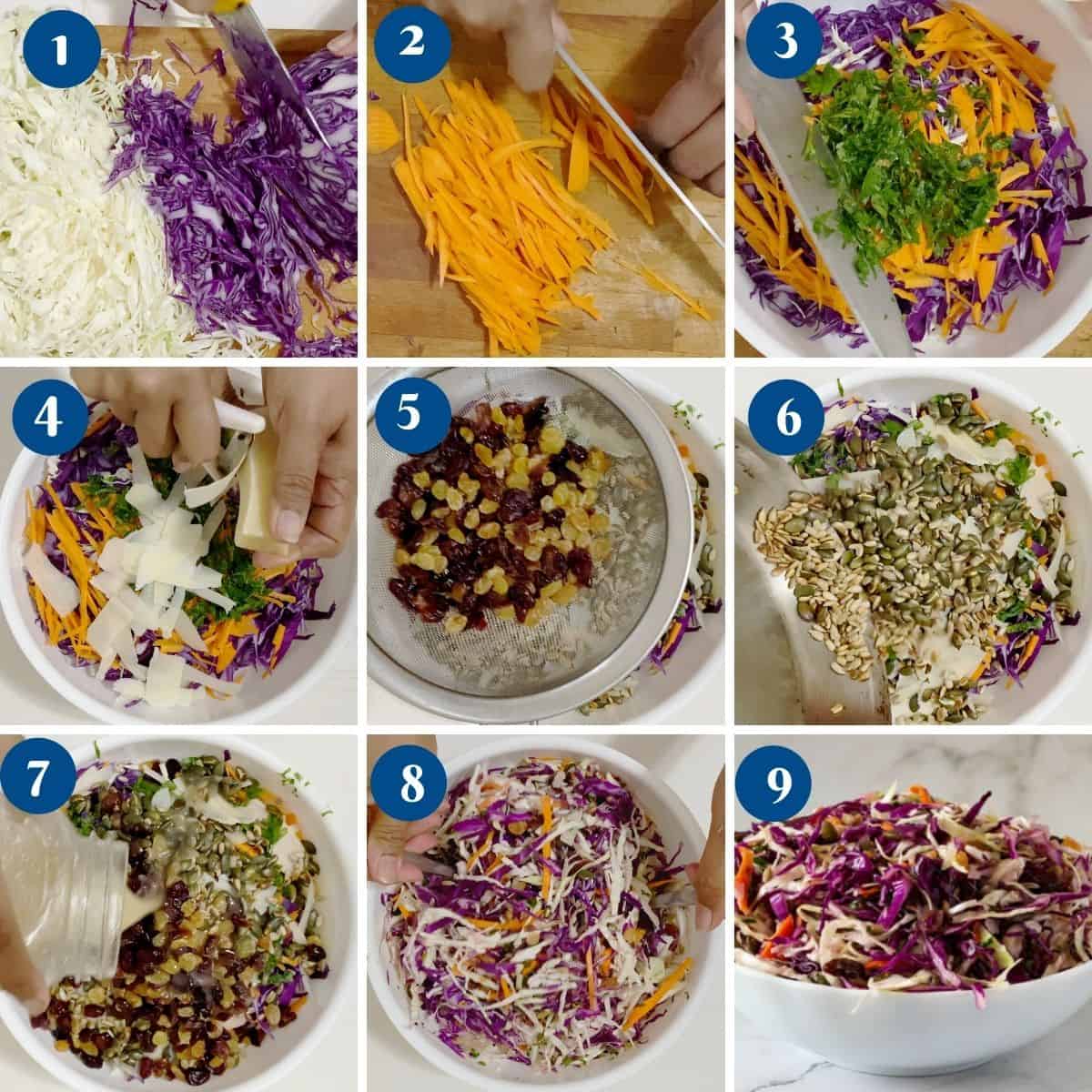 Progress pictures combine the salad ingredients.