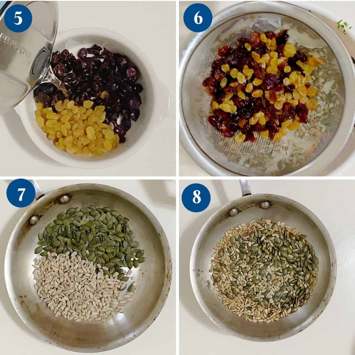 Progress pictures toasting seeds and soaking fruits.