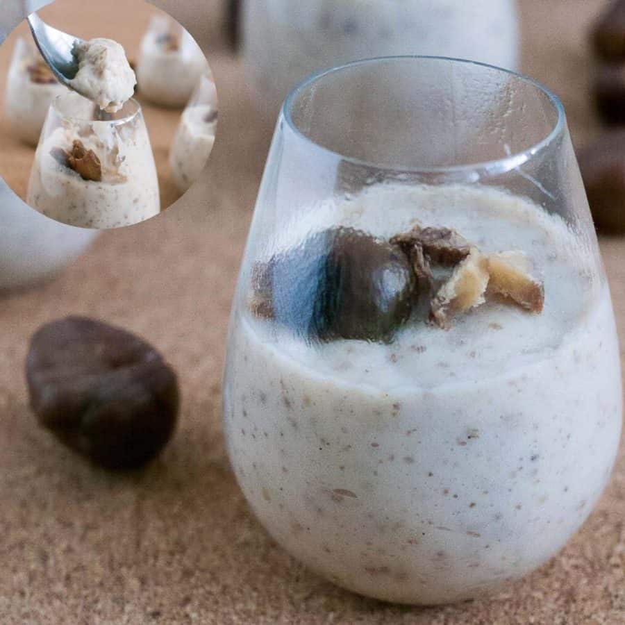 A glass with mousse and sliced chestnuts