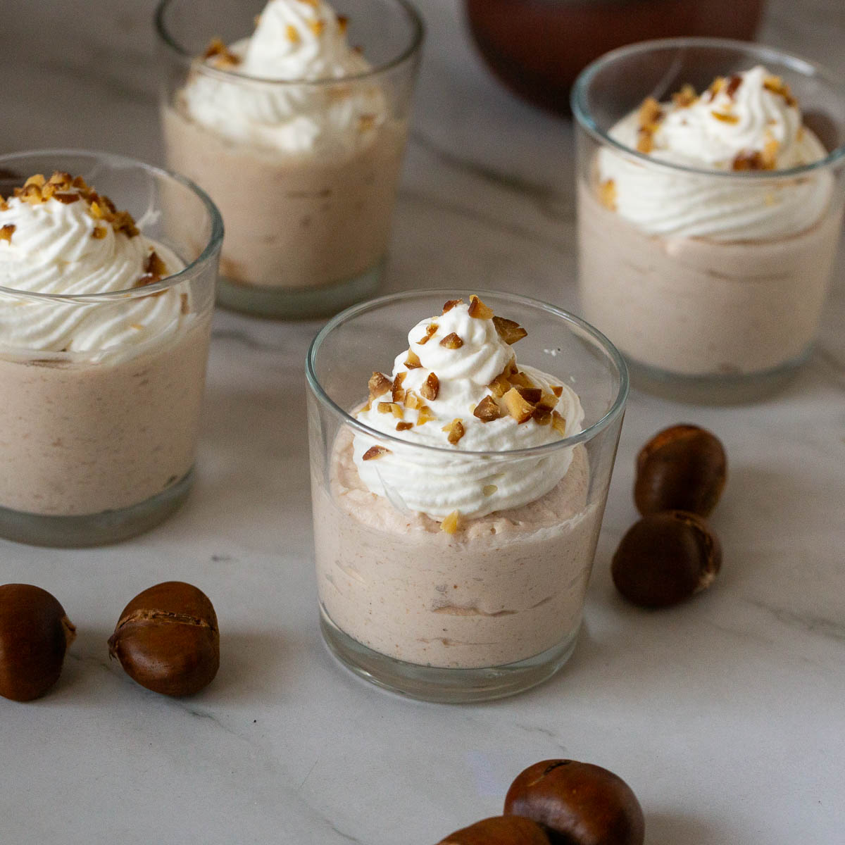 Mini Chestnut mousse dessert in dessert glass.