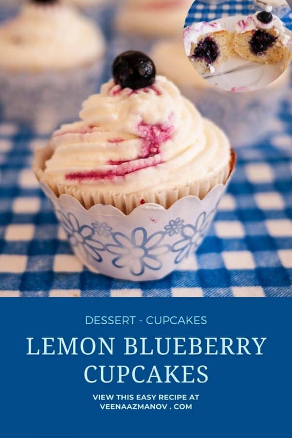 Pinterest image lemon cupcakes with blueberry filing.