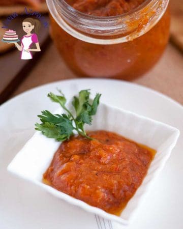 Roasted red pepper tapenade in a serving dish.