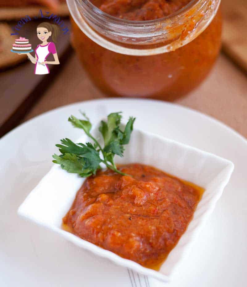 Roasted red pepper tapenade in a serving dish.