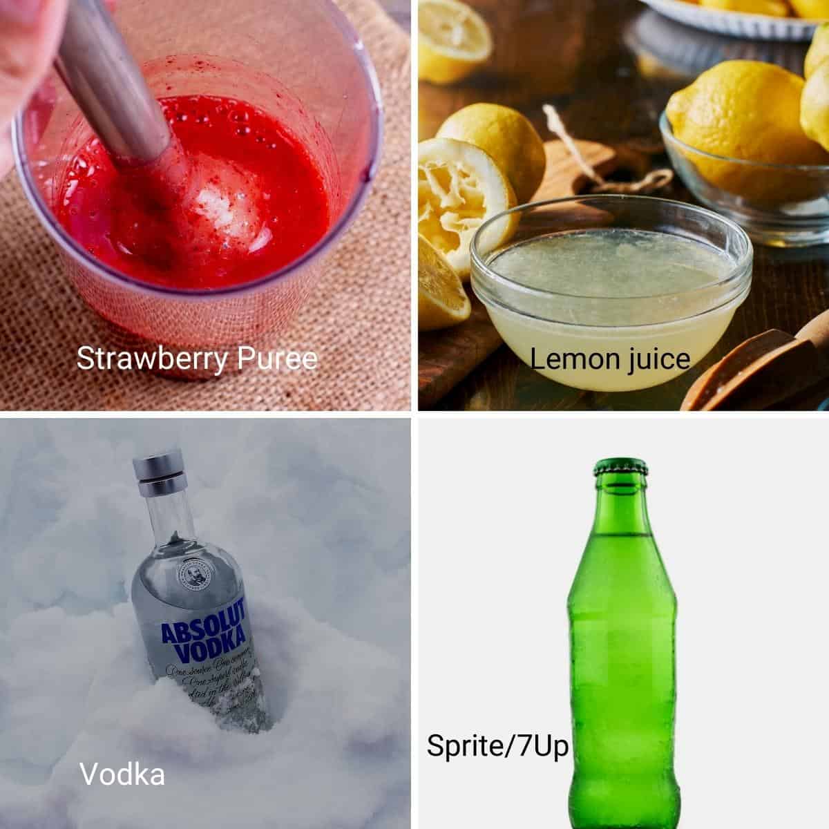 Ingredients for making strawberry vodka cocktail.