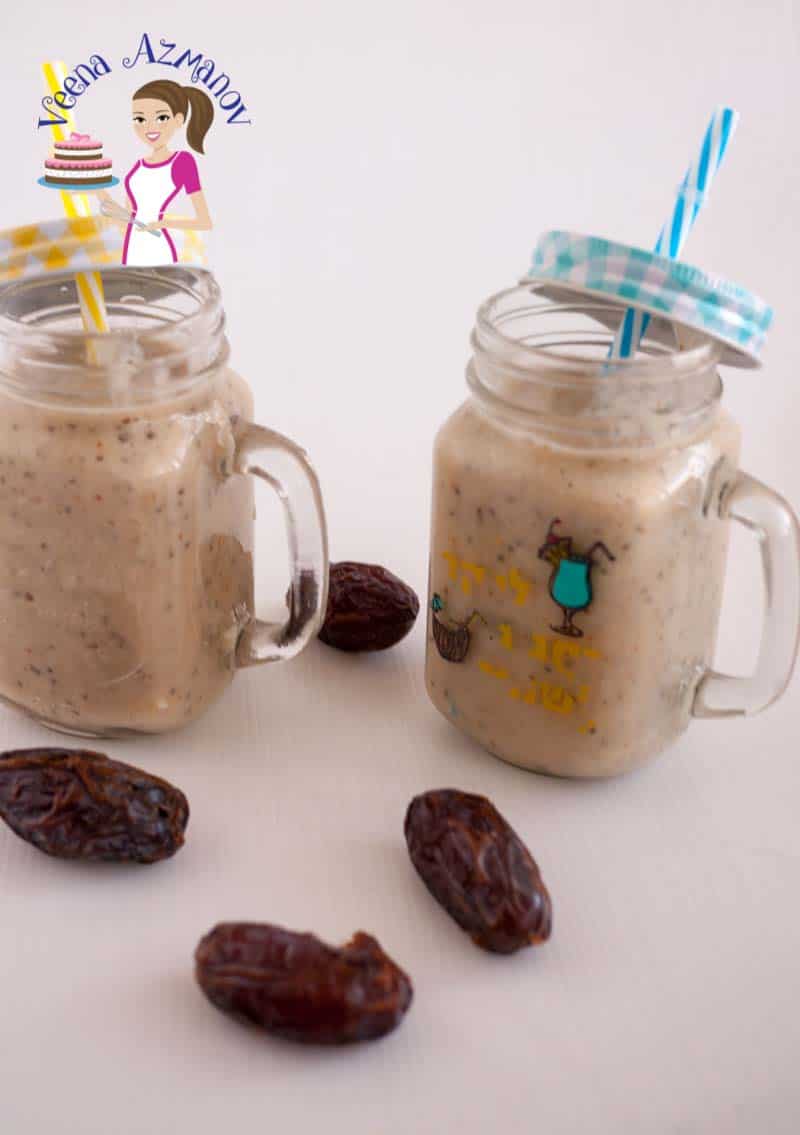 This Banana Dates Chia Smoothie is a great way to start or end a long day. Healthy, nutritious and filling this smoothie will keep you full for longer than most smoothies. A front image showing the color of the banana dates chia smoothie - the color coming from the dates