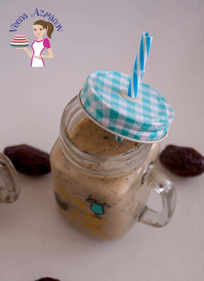 This Banana Dates Chia Smoothie is a great way to start or end a long day. Healthy, nutritious and filling this smoothie will keep you full for longer than most smoothies. A canister view of the banana dates chia smoothie which makes a perfect smoothie with banana and dates along with healthy chia seeds