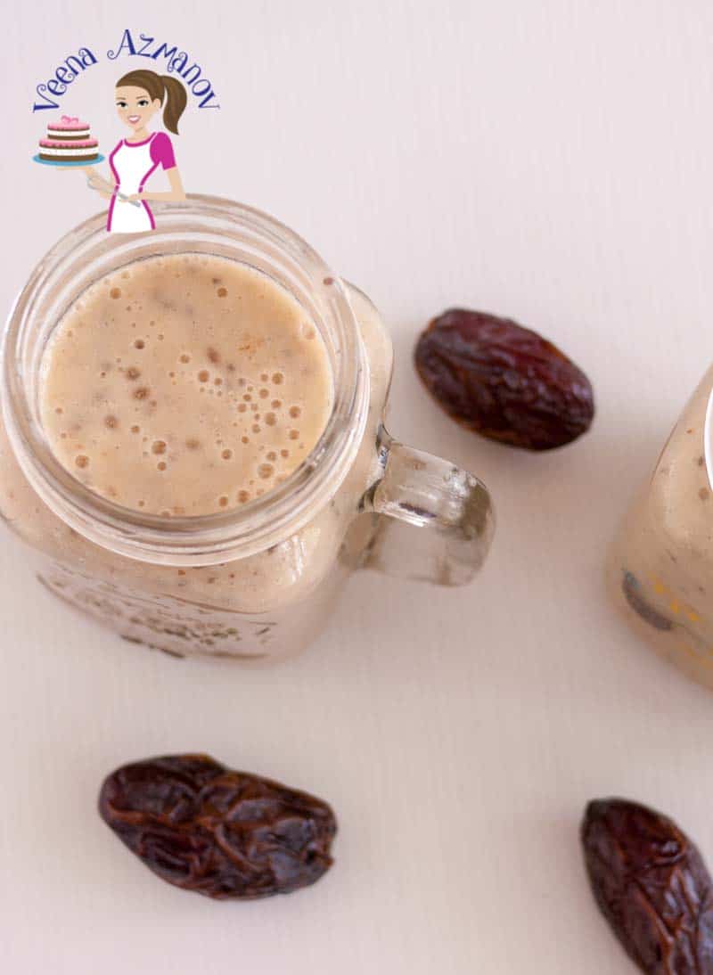This Banana Dates Chia Smoothie is a great way to start or end a long day. Healthy, nutritious and filling this smoothie will keep you full for longer than most smoothies. Image showing the top view of this banana Smoothie with dates and chia smoothie- Banana Dates Chia Smoothie