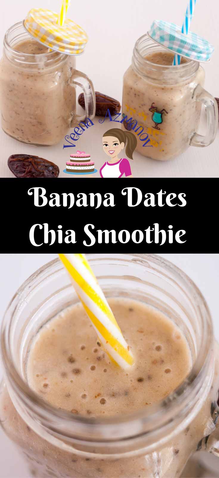 A Banana Dates Chia Smoothie is a great way to start or end a long day. This simple, easy and effortless recipe makes a healthy, nutritious and filling banana smoothie that creamy and busting with energy from the super food dates. Weather you make it with fresh or frozen fruits this healthy smoothie can be enjoyed all year round. A Pinterest Optimized image of this Banana Smoothie with Dates and Chia Seeds - Banana Dates Chia Smoothie