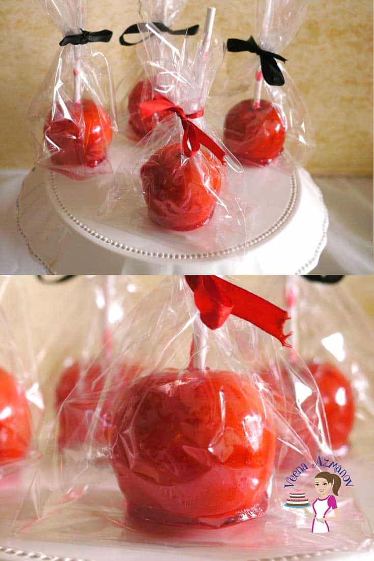 Candy apples wrapped in cellophane.