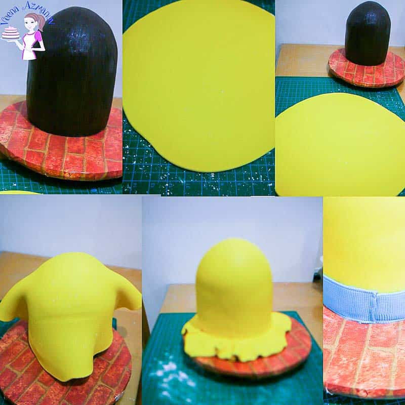 Progress photos of making a cake decorated to look like a minion.
