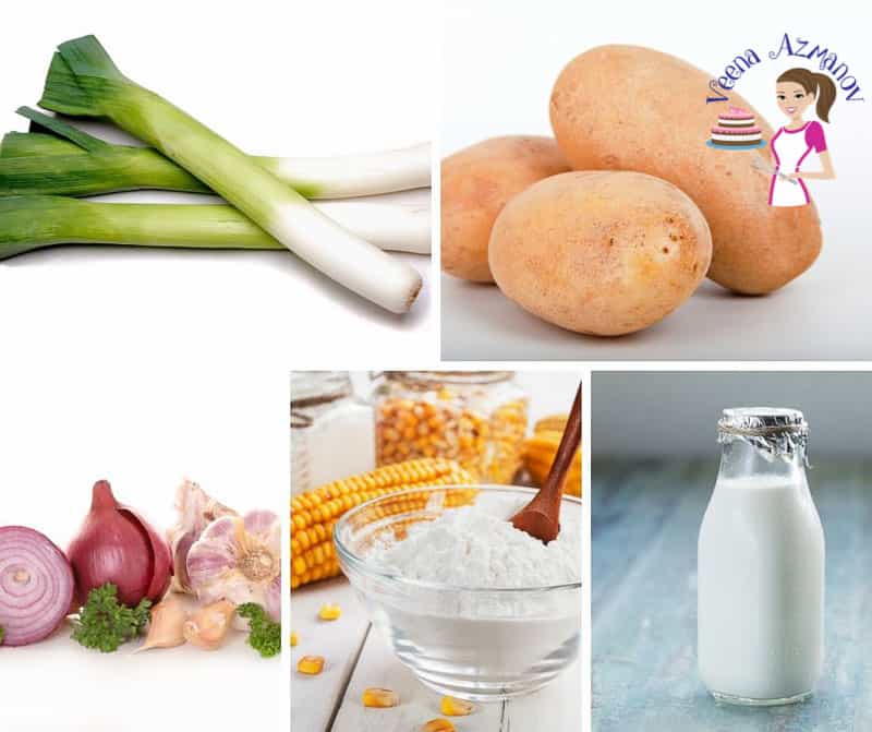 A collage of the ingredients for leek and potato soup.