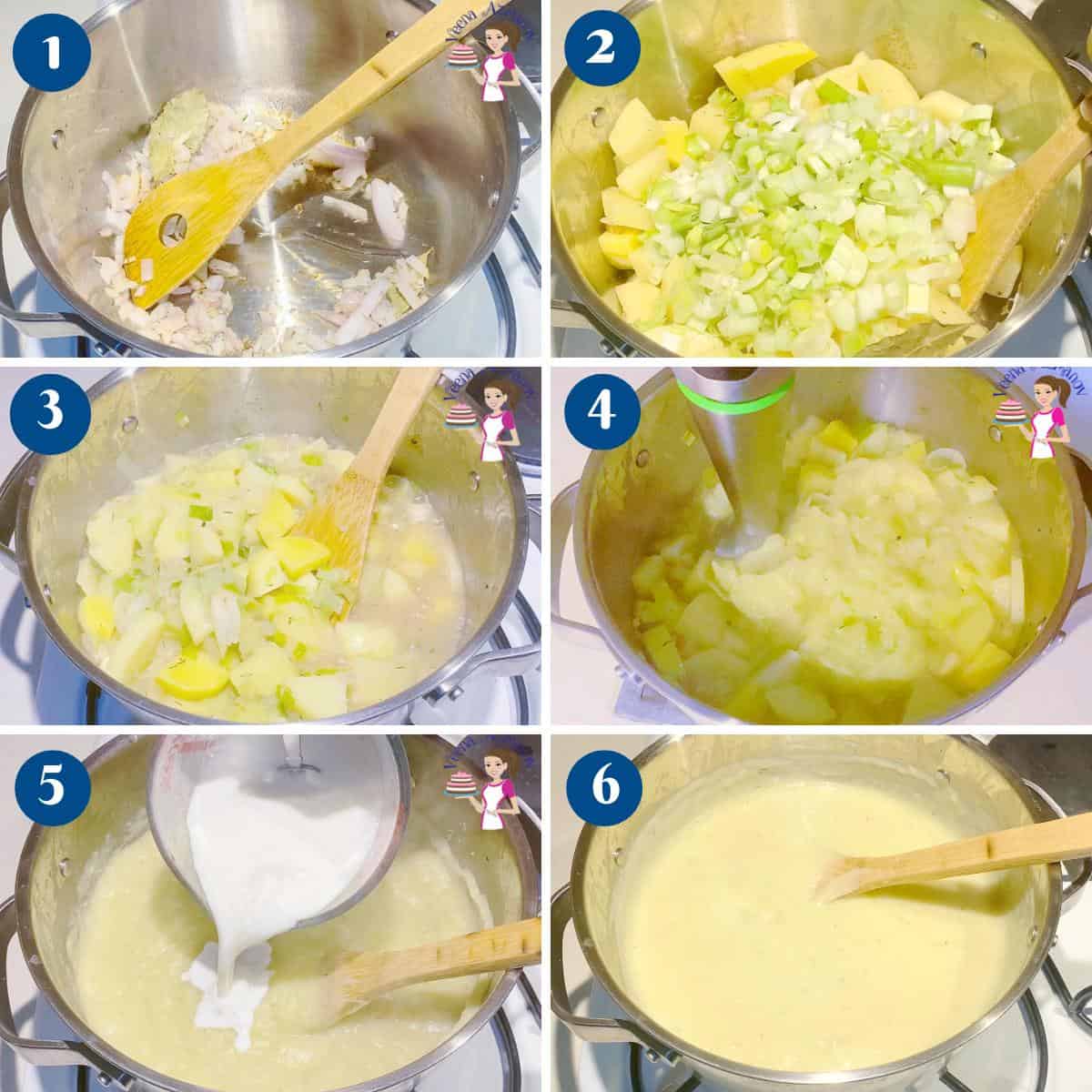 Progress pictures making leek potato soup.