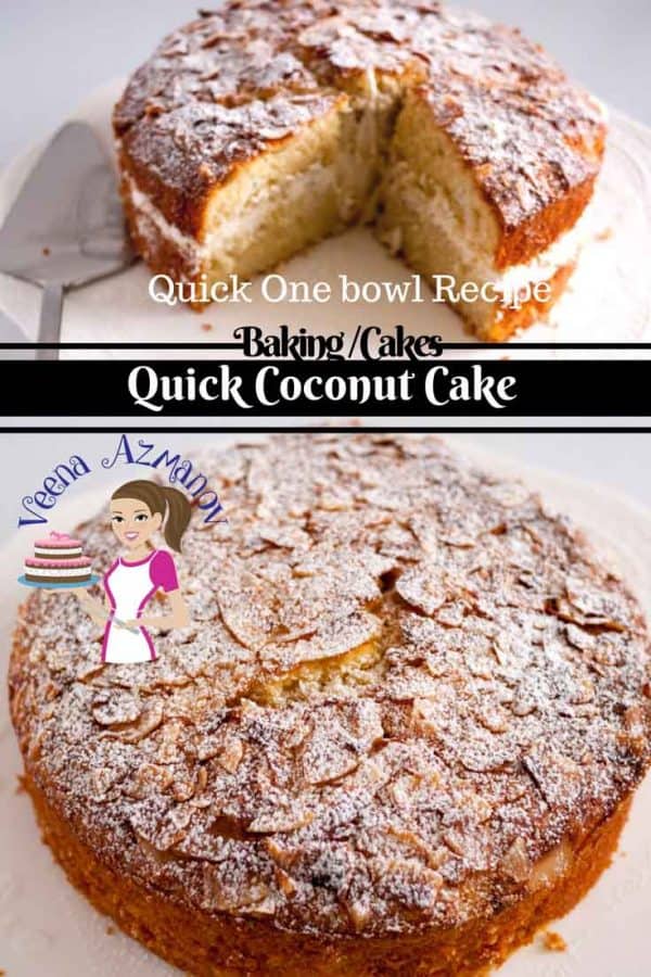 An image optimized for social sharing - for this simple coconut cake recipe made using desiccated coconut using a one bowl method. A simple and easy coconut cake.