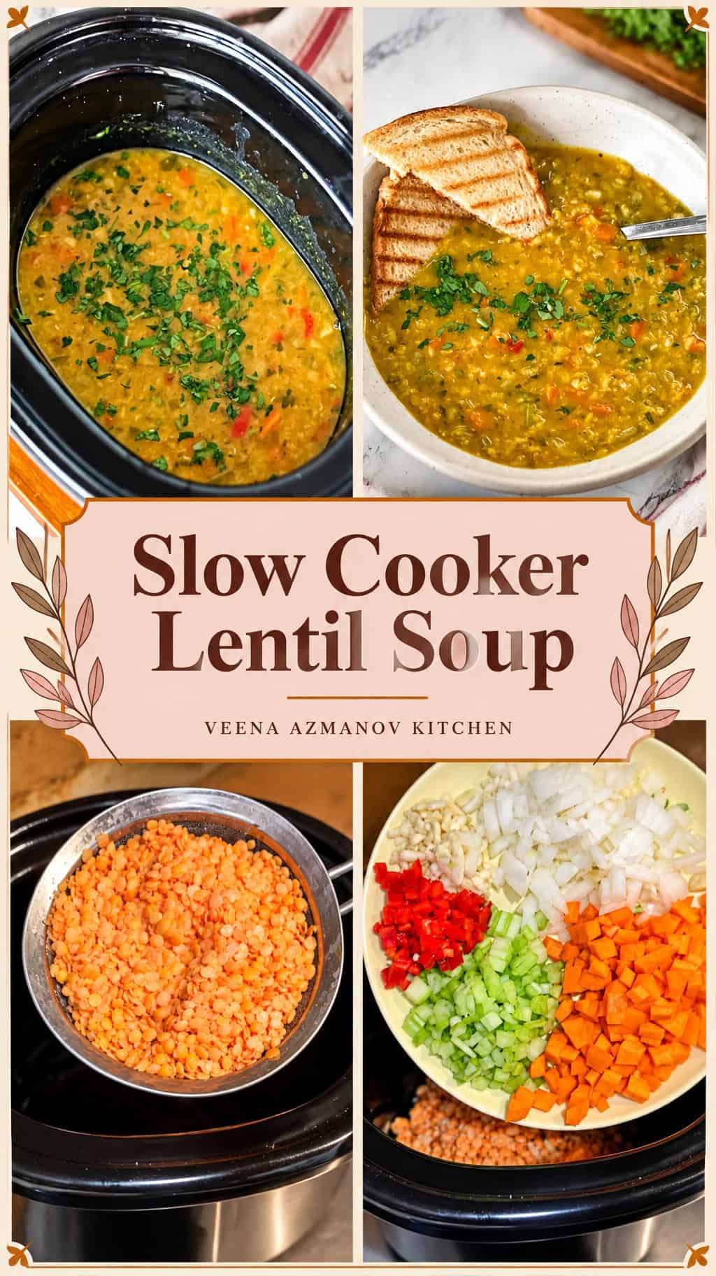 Pinterest image for Slow Cooker Crockpot Lentil Soup.