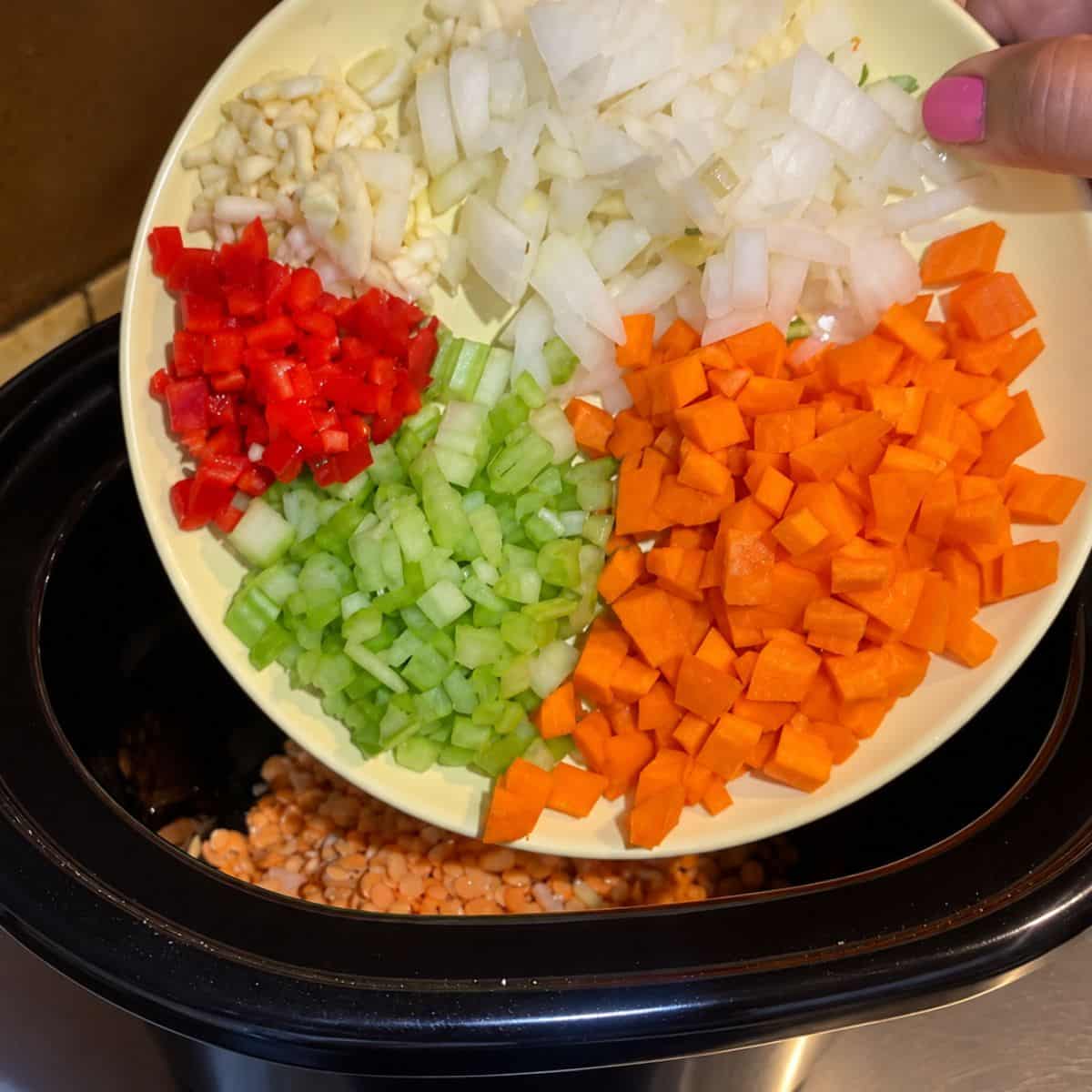 adding veggies to the slow cooker.