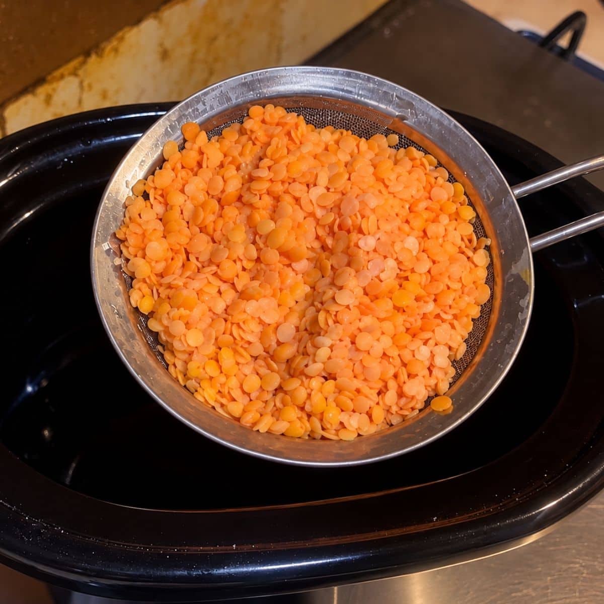 Adding lentils to the slow cooker.