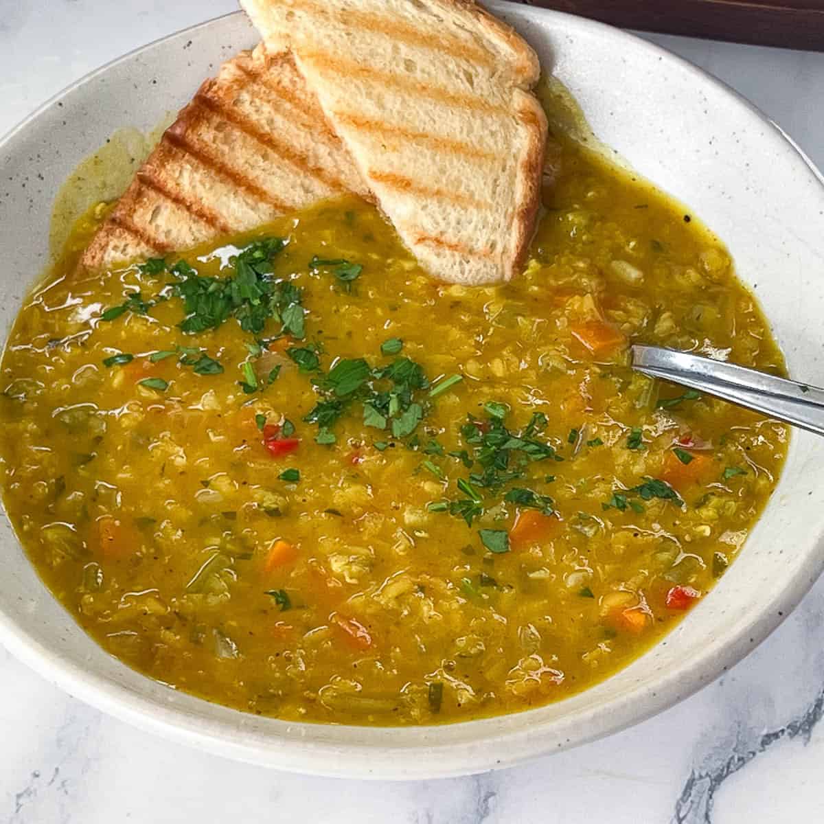 A bowl with lentil soup.