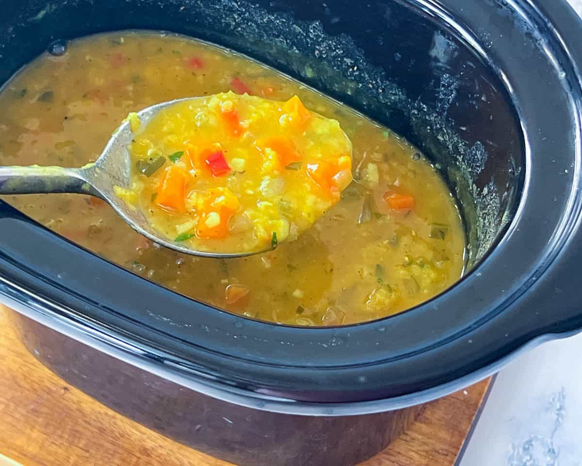 Lentil soup in a slow cooker.