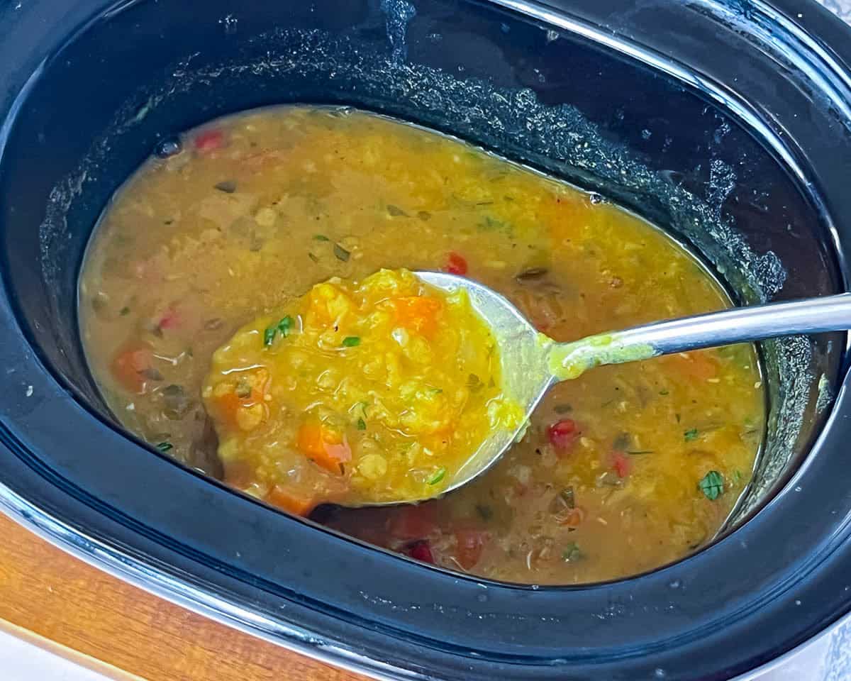 Crockpot with lentil soup.
