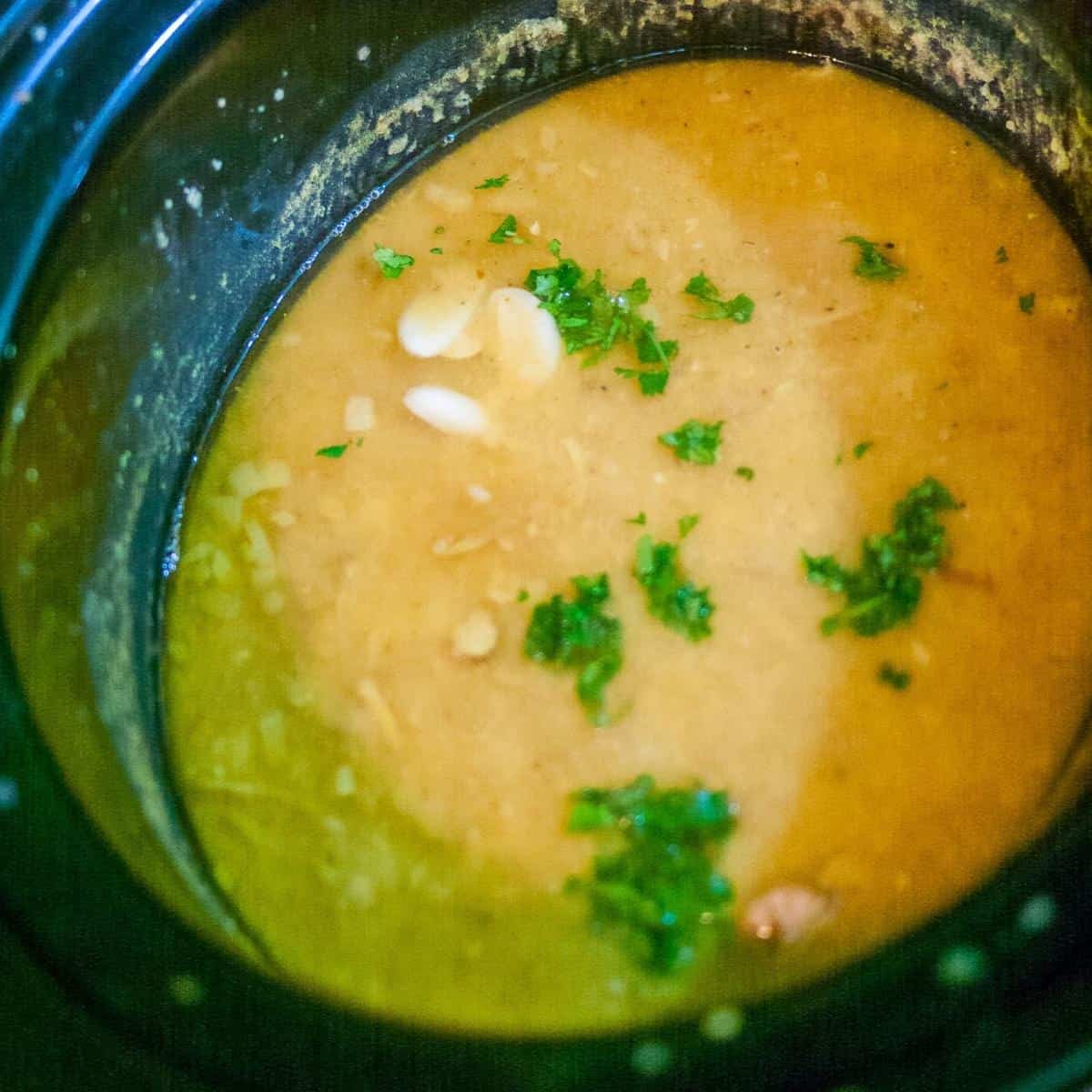 A pot of lentil soup.