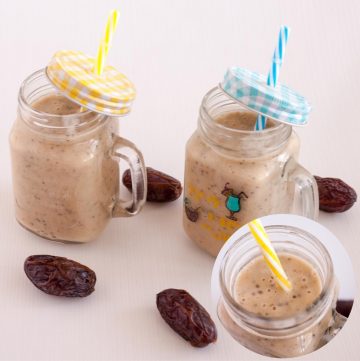 Two glass jars with banana and dates smoothie