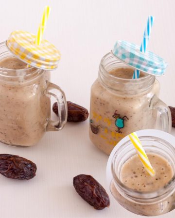 Two glass jars with banana and dates smoothie
