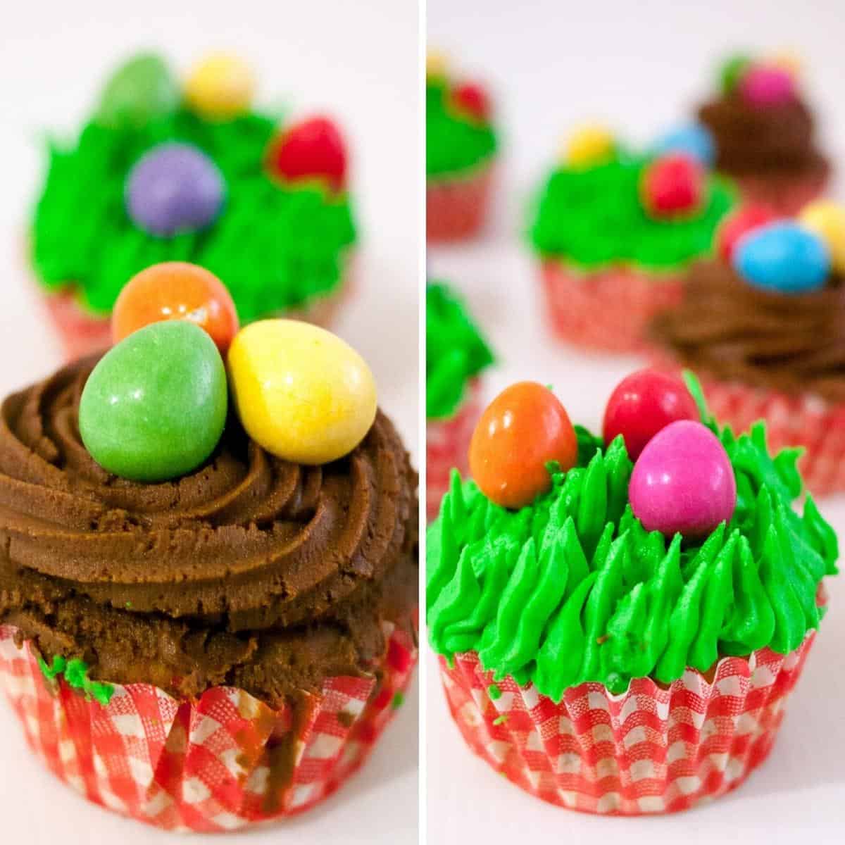 Frosted cupcakes with candy eggs.