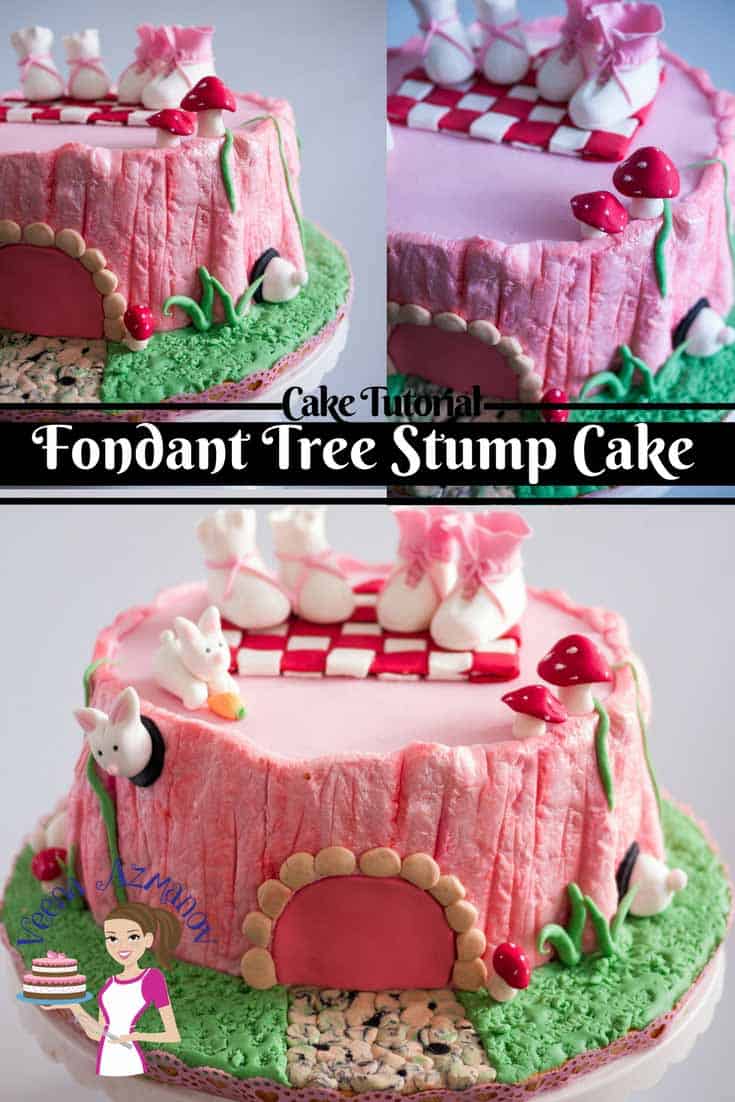 A cake decorated as a pink tree stump.