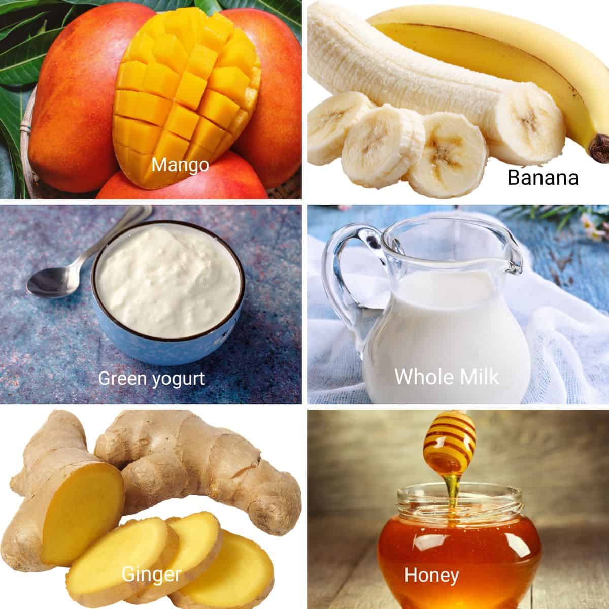 Ingredients for making mango smoothie.