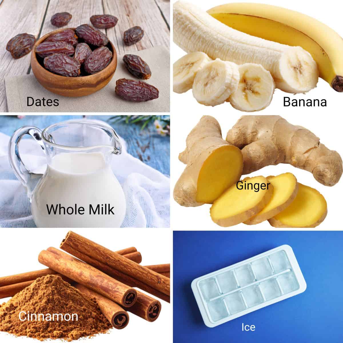 Ingredients collage for banana date smoothie.
