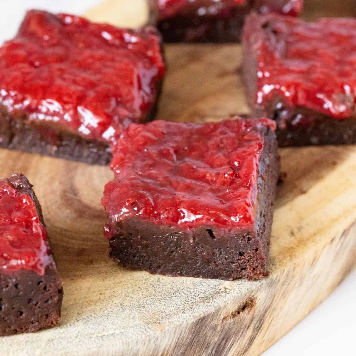 Brownies with strawberry on the table.