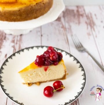 A slice of cheesecake on a plate.