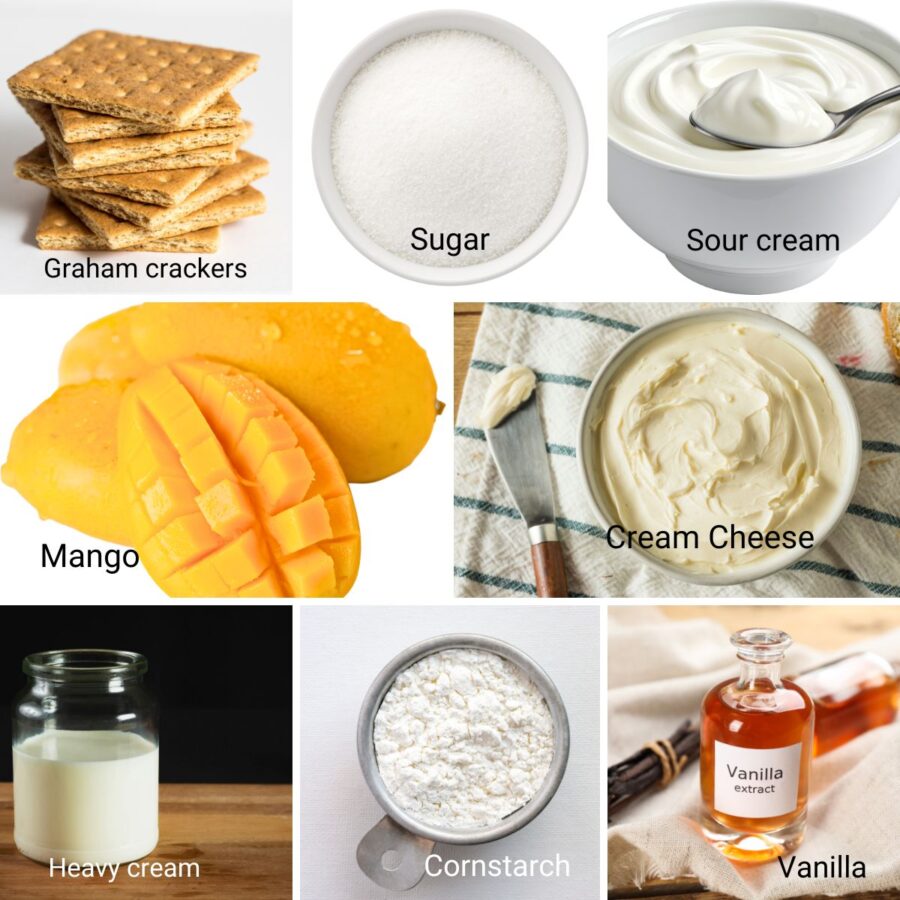 Ingredients for baking a mango cheesecake.